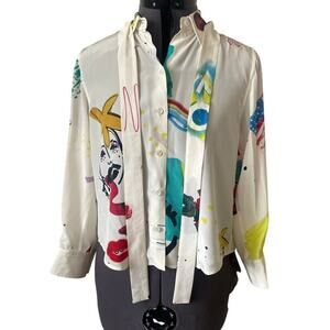 Marc Jacobs 2016 Cream Print Grunge Drawing Blouse Tie Neck Top • Size 4